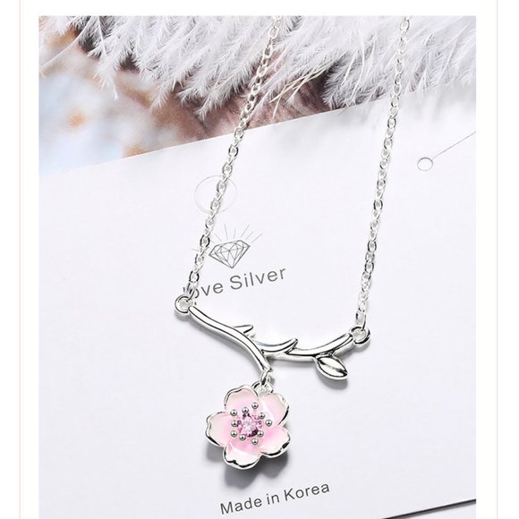 #NEW 925 Sterling Silver Pink White Diamond Cherry Blossom Leaf Branch Necklace - Picture 10 of 11